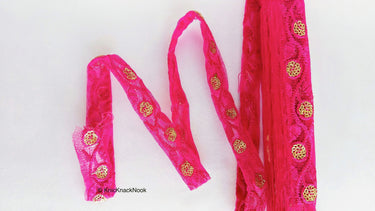 Wholesale Fuchsia Pink Net Lace Trim Floral Embroidery & Glitter Gold Sequins Indian Wedding Giftwrap Ribbon, Crafting Decorative Trimming